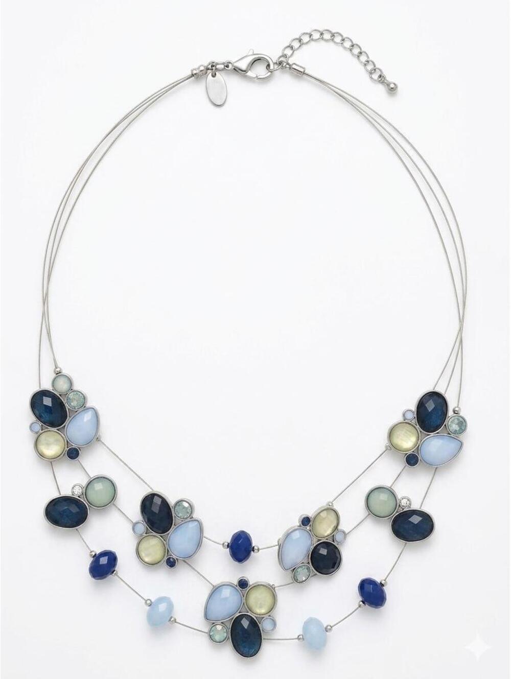 Layered Blue Bead Statement Necklace, Coastal Boho Cluster Bib Jewelry